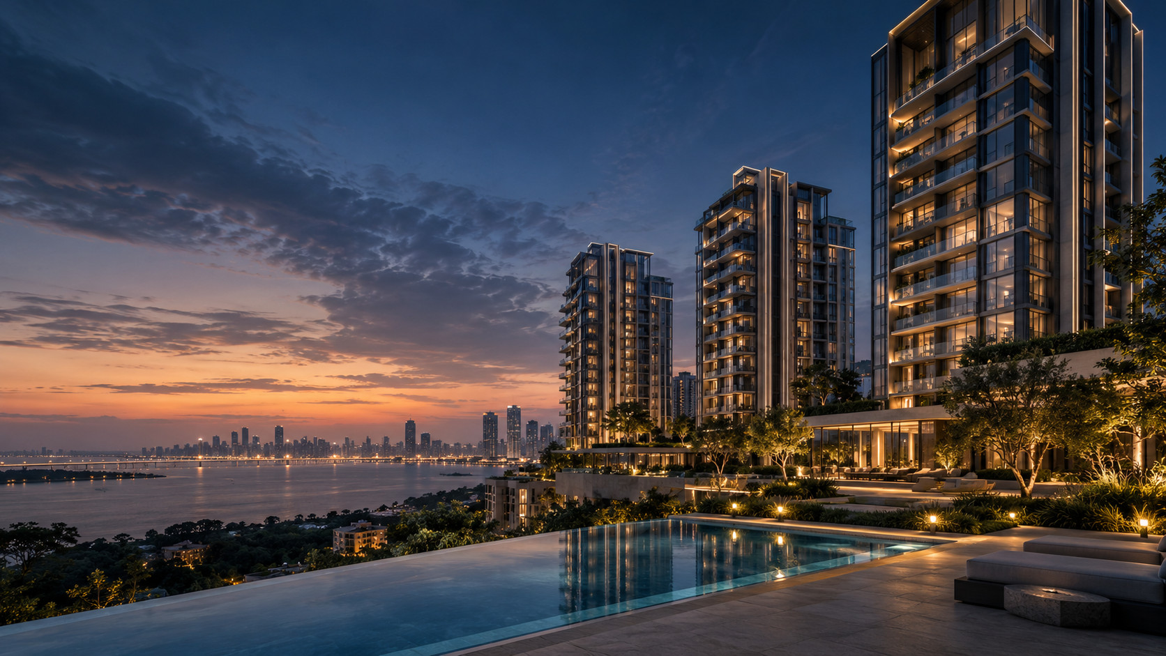Complejo residencial de torres con alberca al atardecer