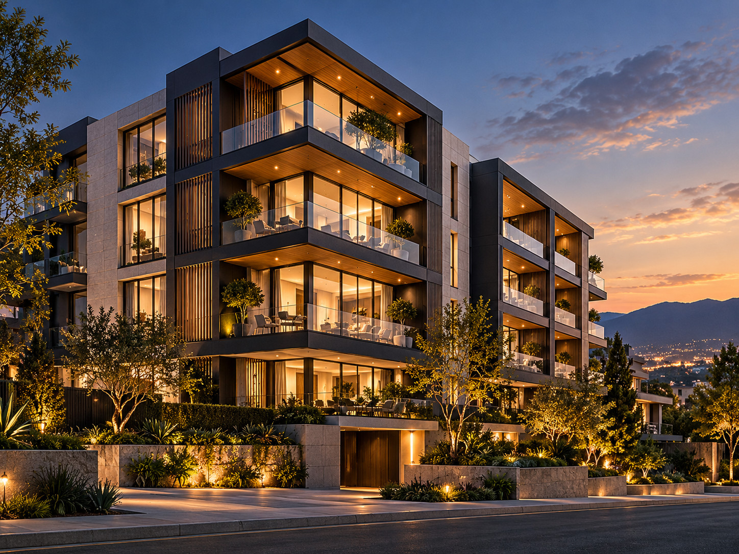 Condominio moderno con balcones iluminados al atardecer