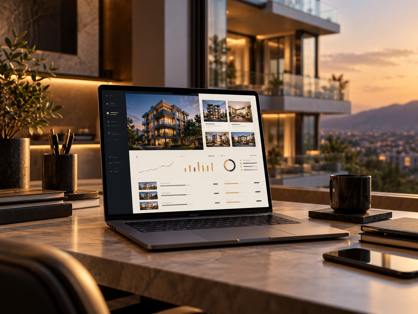 Laptop con galería de proyectos inmobiliarios en un escritorio al atardecer