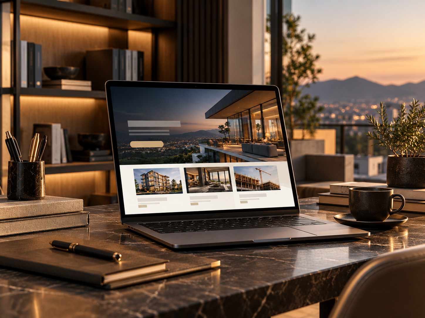 Laptop mostrando una página web inmobiliaria en un escritorio de mármol