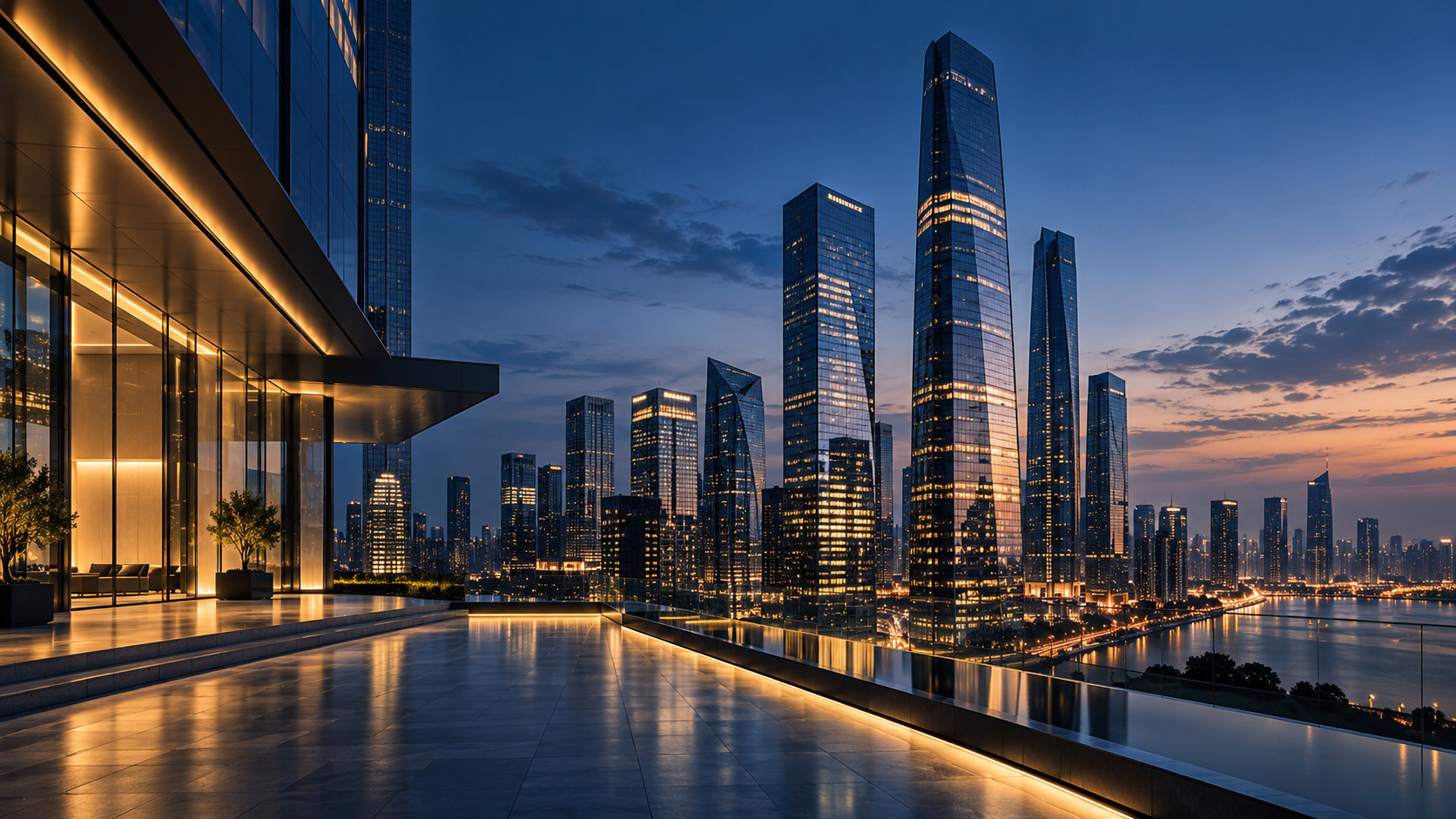 Panorámica urbana con torres iluminadas al anochecer