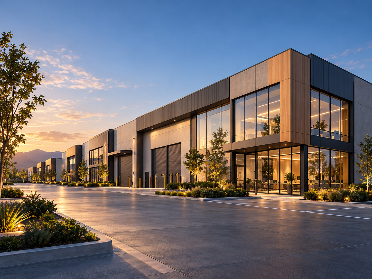 Parque industrial moderno con oficinas al atardecer
